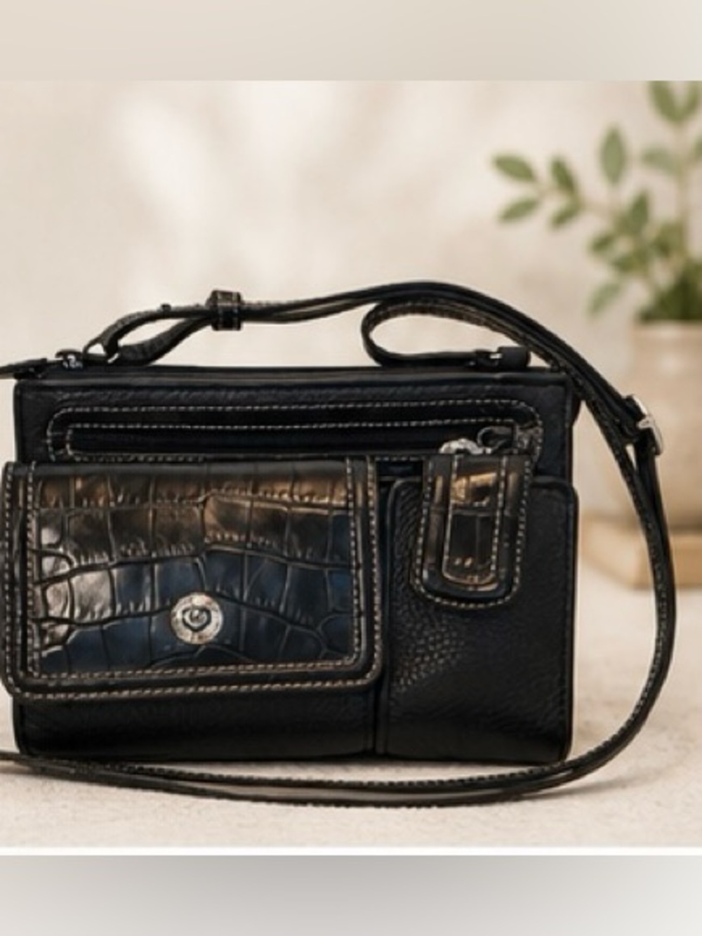 Brighton Retired Leather Crossbody Organizer Bag Black Croc Embossed
